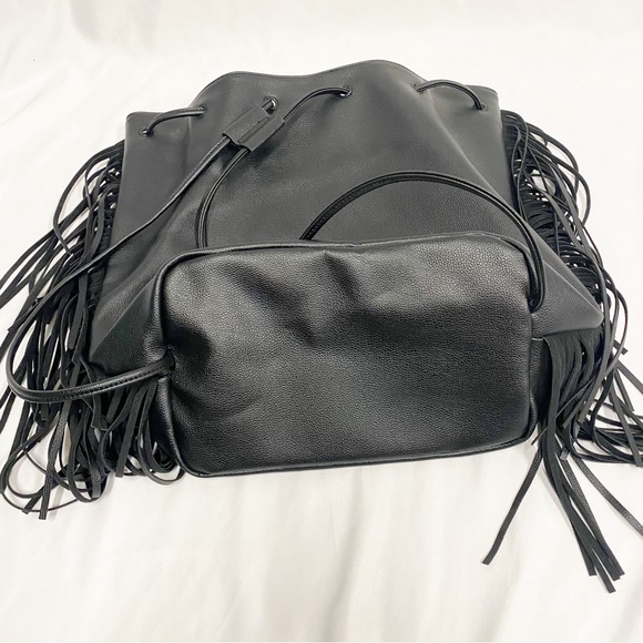 Victoria’s Secret Black Fringe Bohemian Festival Backpack Bucket Drawstring Bag - Picture 5 of 8